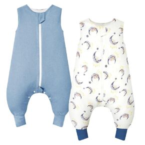WYTbaby 2 Pack Sleep Sack 1.0 Tog with Feet, 100% Cotton Sleeveless Toddler Wearable Blanket Baby Sleeping Bag, Moon + Dark Blue 80cm/2-3 Years