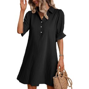 FENSACE Womens Casual Shirt Dress Ruffle Sleeve Solid Color Button Down Shift Summer Dress with Pockets