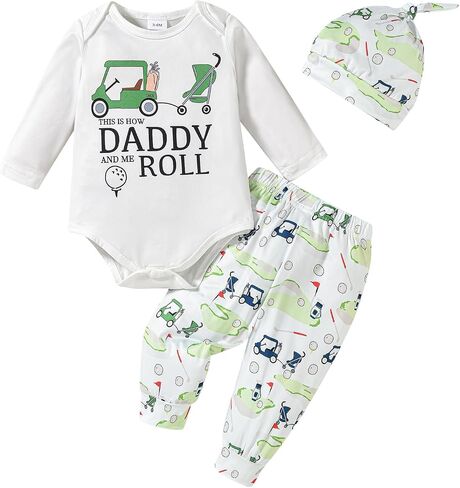 Newborn Baby Boy Girl Golf Outfit Long Sleeve Letter Golf Cart Romper Golf Pants Baby Golf Hat Set 3Pcs Fall Clothes in Saudi Arabia