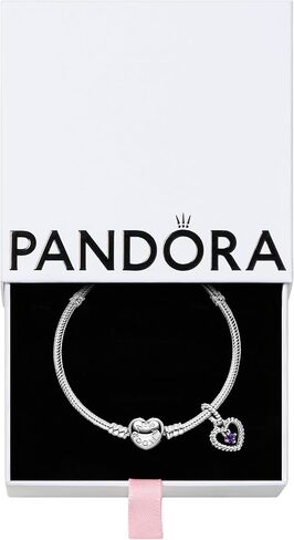 Pandora February Birthstone Dangle Charm & Bracelet Set - Women's Sterling Silver February Birthstone Dangle Charm & Heart Clasp Snake Chain Bracelet - Jewellery Set With Gift Box, Size 19 in Saudi Arabia