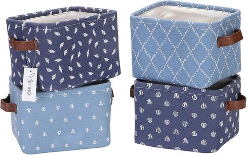 سلة تخزين صغيرة الحجم من Hinwo بحجم 4 لتر، سلة تخزين مربعة قابلة للطي من قماش الدنيم مع مقابض من جلد البولي يوريثان للأرفف والمكاتب، مجموعة من 4 قطع، 7.9 × 6.3 × 5.5 بوصة، أزرق داكن in Kuwait