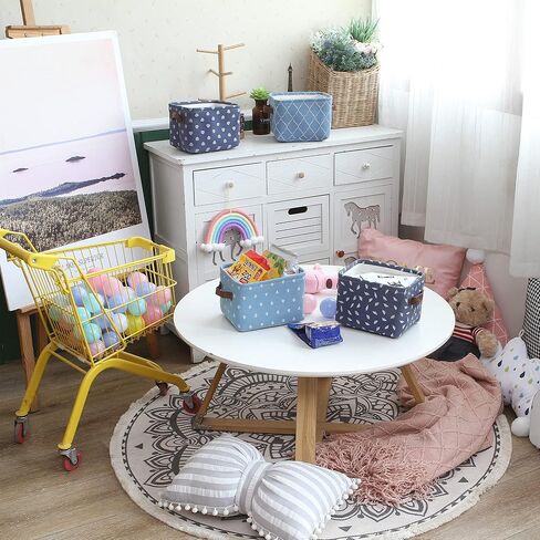 سلة تخزين صغيرة الحجم من Hinwo بحجم 4 لتر، سلة تخزين مربعة قابلة للطي من قماش الدنيم مع مقابض من جلد البولي يوريثان للأرفف والمكاتب، مجموعة من 4 قطع، 7.9 × 6.3 × 5.5 بوصة، أزرق داكن in Kuwait