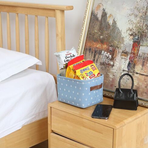 سلة تخزين صغيرة الحجم من Hinwo بحجم 4 لتر، سلة تخزين مربعة قابلة للطي من قماش الدنيم مع مقابض من جلد البولي يوريثان للأرفف والمكاتب، مجموعة من 4 قطع، 7.9 × 6.3 × 5.5 بوصة، أزرق داكن in Kuwait