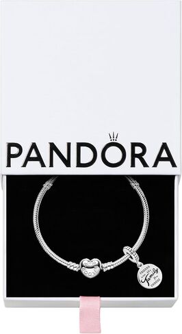 مجموعة Pandora Friends are Family - أصدقاء العائلة الاسترليني هم سحر متدلي وسوار على شكل ثعبان على شكل قلب - مجموعة مجوهرات مع صندوق هدايا، مقاس 19 in Saudi Arabia