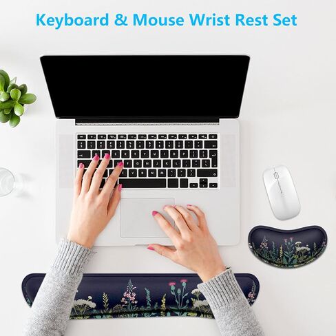 Dapesuom Enlarge Keyboard Wrist Rest, Memory Foam Wrist Cushion for Desk Mat Support, Cute Pain Relief Keyboard Mouse Pad Rests Set with Non-Slip Base for Gaming Laptop Office Computer, Elegant Flower in Kuwait
