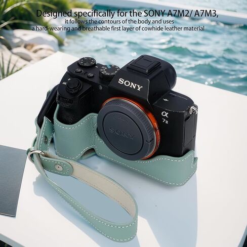 حافظة كاميرا Bowan لهاتف Sony a7 III ILCE7M3/B، حافظة نصف كاميرا مصنوعة يدويًا من الجلد الطبيعي الأصلي لـ A7 Mark III، A7R III، A9 A7 II، A7R II إصدار فتحة سفلية للكاميرا + حزام يد (أخضر) in Kuwait
