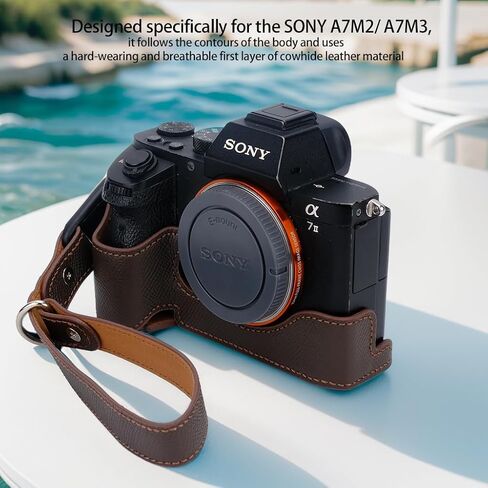 حافظة كاميرا Bowan لهاتف Sony a7 III ILCE7M3/B، حافظة نصف كاميرا مصنوعة يدويًا من الجلد الطبيعي الأصلي لـ A7 Mark III، A7R III، A9 A7 II، A7R II إصدار فتحة سفلية للكاميرا + حزام يد (أخضر) in Kuwait