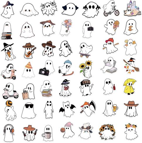 50Pcs Halloween Ghost Theme Stickers, Cute Ghost Decorative Stickers for Parties, Suitable for Children, Teens, and Adults, Ideal for Water Bottles, Laptops, and Cups (Ghost) in Saudi Arabia