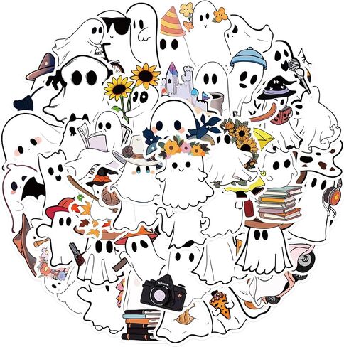 50Pcs Halloween Ghost Theme Stickers, Cute Ghost Decorative Stickers for Parties, Suitable for Children, Teens, and Adults, Ideal for Water Bottles, Laptops, and Cups (Ghost) in Saudi Arabia