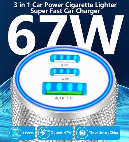 USB C Car Charger, 2Pack BAOYUANDA 67W 3-Port USB-C & USB-A Fast Car Charger Cigarette Lighter Fast Charging for iPhone 16/15/14/13/12/11/Pro Max, iPad Pro, Galaxy S24/S23/S22, Google Pixel, Android in Kuwait