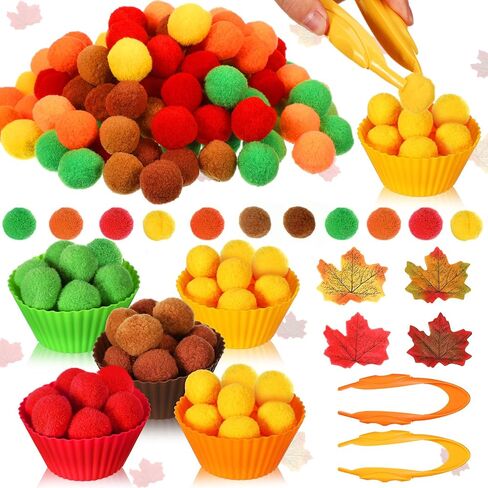 Hotop 312 Pieces Fine Motor Toys Counting Sorting Fall Thanksgiving Decorations 100 Pcs Assorted Pompoms 200 Pcs Artificial Maple Leaves 2 Pcs Tweezers 10 Pcs Cups for Autumn Thanksgiving Decoration in Saudi Arabia