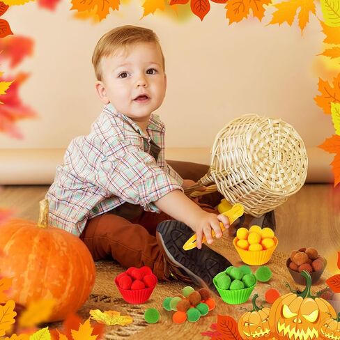 Hotop 312 Pieces Fine Motor Toys Counting Sorting Fall Thanksgiving Decorations 100 Pcs Assorted Pompoms 200 Pcs Artificial Maple Leaves 2 Pcs Tweezers 10 Pcs Cups for Autumn Thanksgiving Decoration in Saudi Arabia