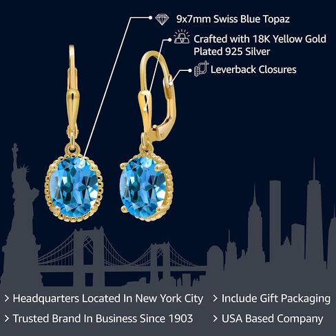 Gem Stone King 18K Yellow Gold Plated Silver Blue Sapphire Leverback Dangle Earrings For Women (5.00 Cttw, Gemstone September Birthstone, Oval 9X7MM) in Saudi Arabia