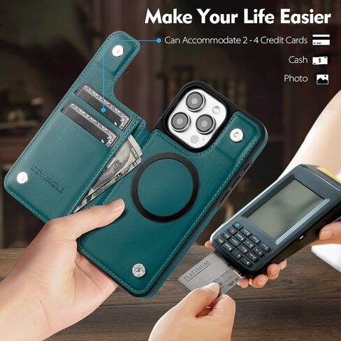 Compatible with iPhone 16 Pro Wallet Case,【Compatible with Magsafe】 Women Men PU Leather Flip Folio Protective Cover Credit Card Slots Kickstand RFID Blocking,for Apple 16 Pro,Green in Kuwait