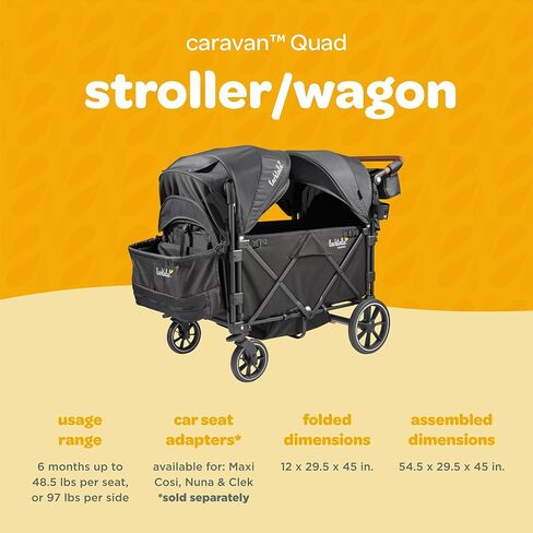 Larktale Caravan Quad، بايرون بلاك - عربة أطفال/عربة قابلة للطي للأطفال والرضع - تتسع لما يصل إلى أربعة ركاب - سعة الوزن الإجمالي 214 رطلًا - مظلات شمسية مزدوجة، مقود قابل للتعديل - إصدار 2024 in Kuwait