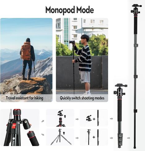 حامل ثلاثي للكاميرا Fotopro مقاس 78 بوصة، حامل ثلاثي من الألومنيوم قابل للطي برأس كروي 360 درجة مع لوحة تحرير سريعة حمولة 6 كجم، ارتفاع قابل للتعديل من 47 سم إلى 197 سم لهاتف الكاميرا الرياضية DSLR in Kuwait