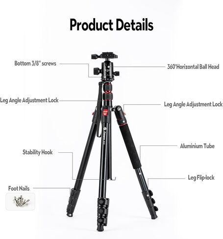 حامل ثلاثي للكاميرا Fotopro مقاس 78 بوصة، حامل ثلاثي من الألومنيوم قابل للطي برأس كروي 360 درجة مع لوحة تحرير سريعة حمولة 6 كجم، ارتفاع قابل للتعديل من 47 سم إلى 197 سم لهاتف الكاميرا الرياضية DSLR in Kuwait