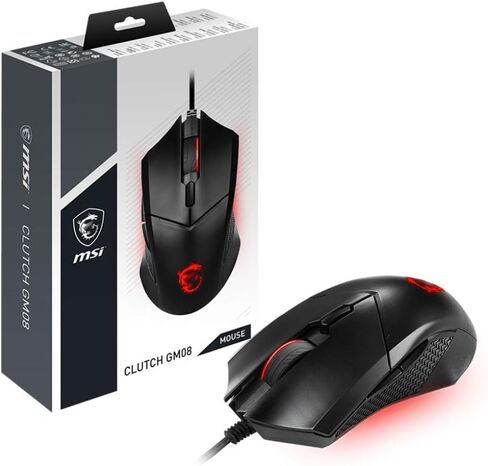 MSI Clutch GM08 - ماوس ألعاب USB متماثل، LED أحمر، مستشعر بصري PAW 3519 (4200 نقطة لكل بوصة)، التبديل حتى 10 مليون نقرة، نظام وزن قابل للتعديل، أسود in Kuwait