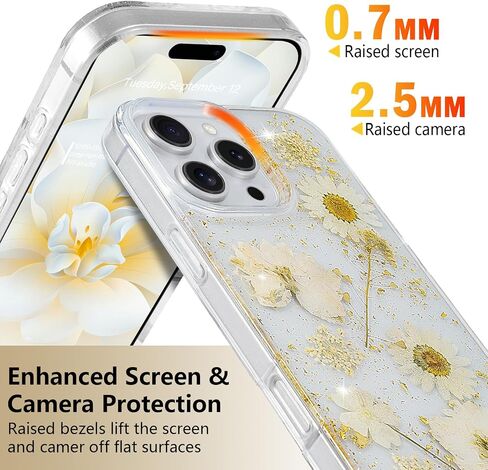 حافظة زهرية لهاتف iPhone 16 Pro Max حافظة شفافة مع أنماط زهور مجففة حقيقية، تصميم زهور لطيفة لامعة للنساء والفتيات غطاء هاتف نحيف ذو حافة ناعمة مقاوم للصدمات لهاتف iPhone 16 Pro Max (ديزي) in Saudi Arabia