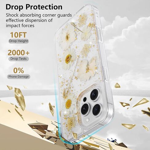 حافظة زهرية لهاتف iPhone 16 Pro Max حافظة شفافة مع أنماط زهور مجففة حقيقية، تصميم زهور لطيفة لامعة للنساء والفتيات غطاء هاتف نحيف ذو حافة ناعمة مقاوم للصدمات لهاتف iPhone 16 Pro Max (ديزي) in Saudi Arabia