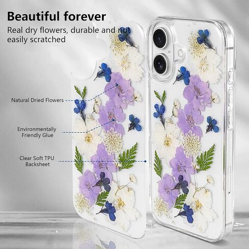 حافظة زهرية لهاتف iPhone 16 Pro Max حافظة شفافة مع أنماط زهور مجففة حقيقية، تصميم زهور لطيفة لامعة للنساء والفتيات غطاء هاتف نحيف ذو حافة ناعمة مقاوم للصدمات لهاتف iPhone 16 Pro Max (ديزي) in Saudi Arabia