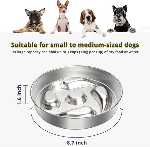 Jegtew 1Pack Slow Feeder Dog Bowls for Small to Medium Dogs - 3 Cup Capacity, Dual-Design for Dry and Wet Food, 304 Stainless Steel, Anti-Slip Base - Prevents Bloating and Obesity, Dishwasher Safe in Kuwait