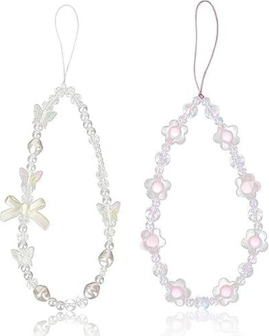 2Pcs White and Purple Bow Beaded Phone Bracelet Strap, Crystal Butterfly Flower Pearl Phone Beaded Wrist Strap Phone Bracelet Lanyard For Women Phone Keychain Charm Fashion design Décor in Saudi Arabia