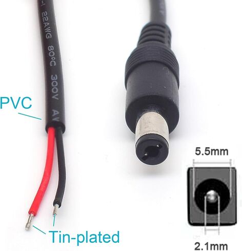 قطعتان من قابس موصل ذكر الطاقة DC، 22AWG 0.3M/1FT 5.5 مم × 2.1 مم قابس ذكر برميل إلى سلك مكشوف كابل طرفي مفتوح لكاميرات المراقبة، وكاميرا المراقبة، وشريط ضوء LED in Saudi Arabia