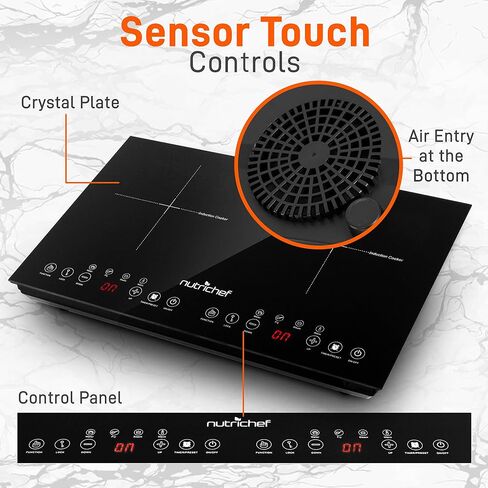 NutriChef Dual Induction Burner - Two-Burner Electric Cooktop with Digital Display and Adjustable Temperature Settings - Energy-Efficient Portable Induction Cooktop - Ideal for Simultaneous Cooking in Saudi Arabia