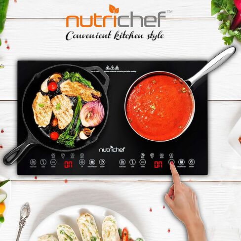 NutriChef Dual Induction Burner - Two-Burner Electric Cooktop with Digital Display and Adjustable Temperature Settings - Energy-Efficient Portable Induction Cooktop - Ideal for Simultaneous Cooking in Saudi Arabia