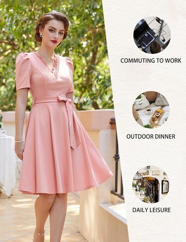 Belle Poque Women Tea Length Dress with Pockets Short Sleeve Tie Waist Dress V Neck A Line Dress for Formal Holiday in Saudi Arabia