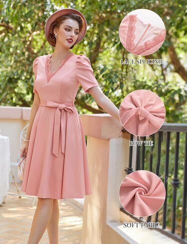 Belle Poque Women Tea Length Dress with Pockets Short Sleeve Tie Waist Dress V Neck A Line Dress for Formal Holiday in Saudi Arabia