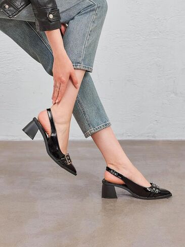 Coutgo Womens Slingback Chunky Low Heels Studded Closed Pointed Toe with Buckle Dressy Office Pumps Shoes in Saudi Arabia