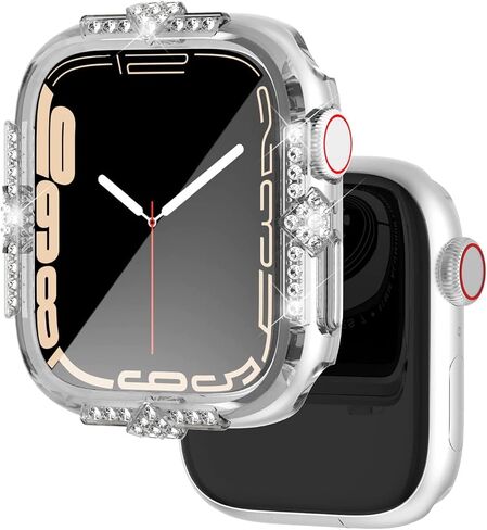 Hard Case Compatible with Apple Watch Case Series 8 Series 7 45mm Rhinestones with Built-in Glass Screen Protector Diamond iWatch Face Cover Smart Watch Case for Women Girl, 45mm Silver in Kuwait