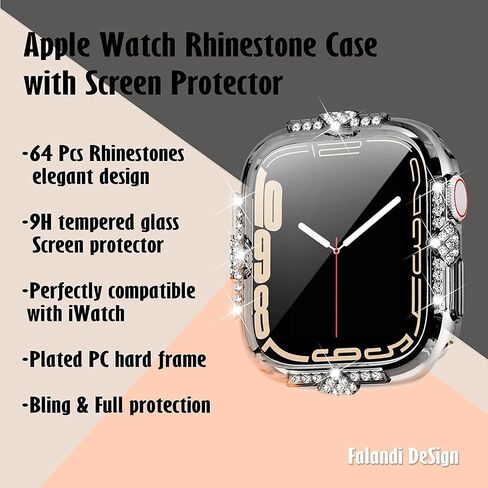 Hard Case Compatible with Apple Watch Case Series 8 Series 7 45mm Rhinestones with Built-in Glass Screen Protector Diamond iWatch Face Cover Smart Watch Case for Women Girl, 45mm Silver in Kuwait