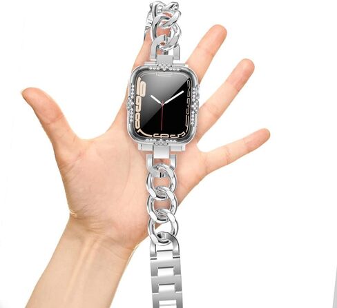 Hard Case Compatible with Apple Watch Case Series 8 Series 7 45mm Rhinestones with Built-in Glass Screen Protector Diamond iWatch Face Cover Smart Watch Case for Women Girl, 45mm Silver in Kuwait