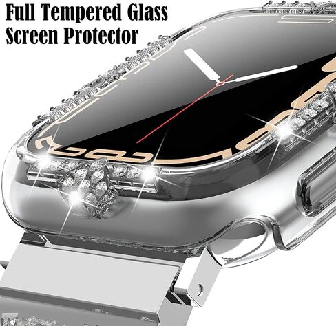 Hard Case Compatible with Apple Watch Case Series 8 Series 7 45mm Rhinestones with Built-in Glass Screen Protector Diamond iWatch Face Cover Smart Watch Case for Women Girl, 45mm Silver in Kuwait