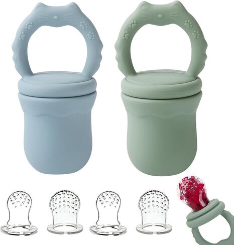 Socub 2 Pack Silicone Baby Fresh Fruit Food Feeder Pacifier with 3 Different Size Silicone Pouch for Teething Relief, Baby Frozen Feeder Teether Toy for 3, 6-12 Months, BPA Free (Sage, Ether) in Kuwait