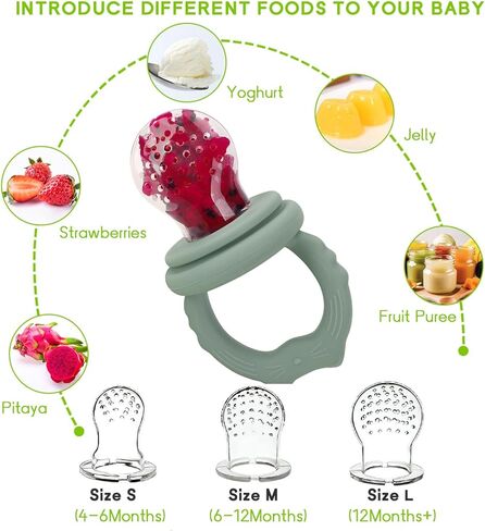 Socub 2 Pack Silicone Baby Fresh Fruit Food Feeder Pacifier with 3 Different Size Silicone Pouch for Teething Relief, Baby Frozen Feeder Teether Toy for 3, 6-12 Months, BPA Free (Sage, Ether) in Kuwait