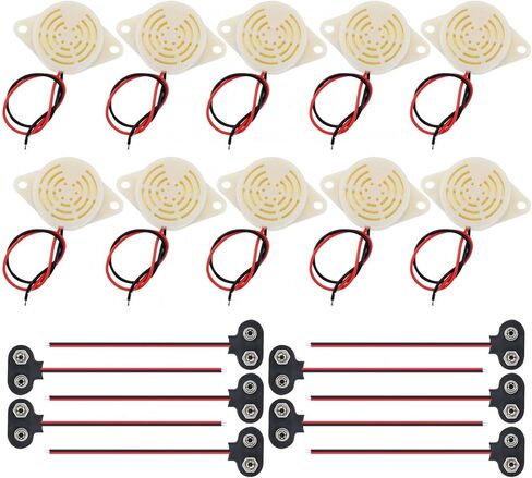 10Pcs Active Piezo Buzzer SFM-27 DC 3-24V 95DB High Decibel Alarm Siren with 10pcs 9V Battery Connector for Motorcycle Car Scooter (Black) in Saudi Arabia