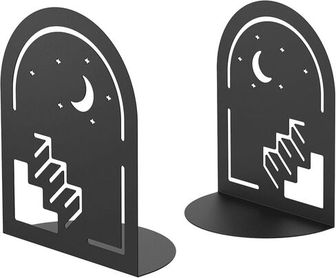 QiMing Stars Moon Ladder Bookends، زوج واحد من حاملات كتب الأحلام المعدنية لأرفف المكتب هدية للبالغين والأطفال (ذهبي) in Kuwait
