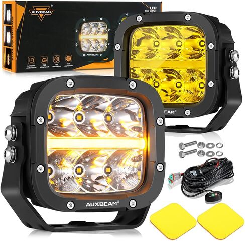 Auxbeam 5 Inch LED Driving Lights with Amber Covers, 110W Super Bright Offroad Spot Lights Square LED Pods Cube Light Bar Amber Yellow Fog Lights for Truck Jeep Polaris GMC Ford Bumper, 2PCS in Kuwait