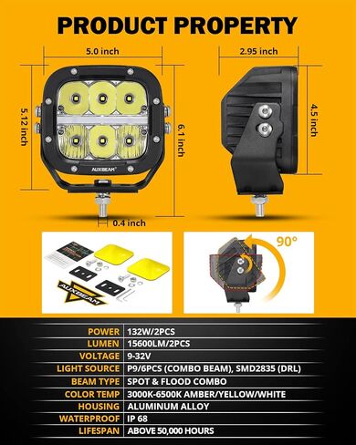 Auxbeam 5 Inch LED Driving Lights with Amber Covers, 110W Super Bright Offroad Spot Lights Square LED Pods Cube Light Bar Amber Yellow Fog Lights for Truck Jeep Polaris GMC Ford Bumper, 2PCS in Kuwait