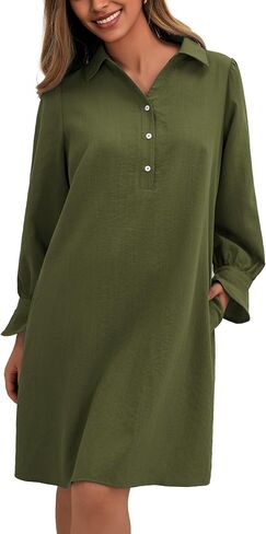 FENSACE Womens Casual Shirt Dress Ruffle Sleeve Solid Color Button Down Shift Summer Dress with Pockets in Saudi Arabia
