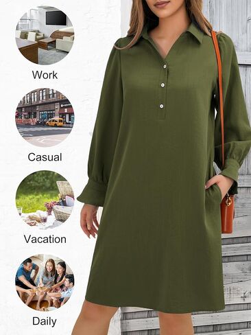 FENSACE Womens Casual Shirt Dress Ruffle Sleeve Solid Color Button Down Shift Summer Dress with Pockets in Saudi Arabia