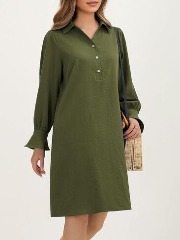 FENSACE Womens Casual Shirt Dress Ruffle Sleeve Solid Color Button Down Shift Summer Dress with Pockets in Saudi Arabia