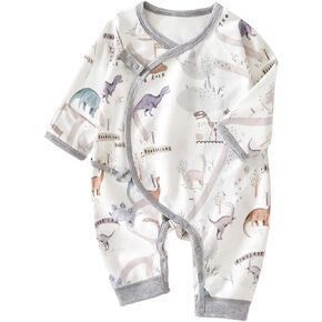 BINIDUCKLING Newborn Kimono Side Snap & Tie Wrap Over Long Sleeve Romper with Mitten Cuffs