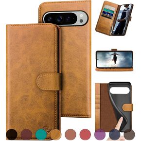 for Google Pixel 9 Pro XL 6.8" 5G Genuine Leather Wallet case【RFID Blocking】【4 Credit Card Holder】【Real Leather】 Flip Phone Cover Women Men for Pixel 9 Pro XL case Light Brown