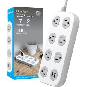 GE Surge Protector, 7 Outlet, 2 USB-A, 2.4A, 1470J, Braided Cord, Power Strip 4ft, White/Gray, 81780