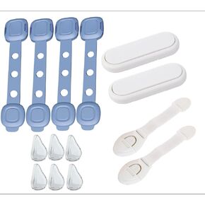 [14 Pieces] Baby Safety Kit - 4 Blue Adjustable Baby Locks,2 White Child Proof Hiden Locks,2 Safety Strap Locks and 6 Furniture Corner Guard, medium, TC-101